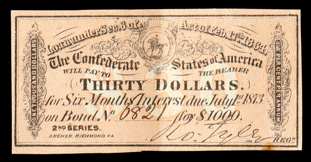 1864 $30 Thirty Dollars Confederate States of America Richmond CSA Bank Note Bond