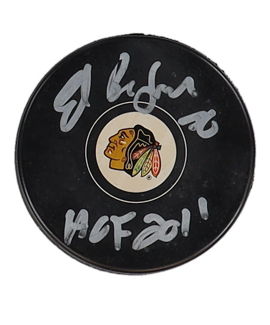 Ed Belfour Signed Blackhawks Logo Hockey Puck Inscribed "HOF 2011" - JSA Certified