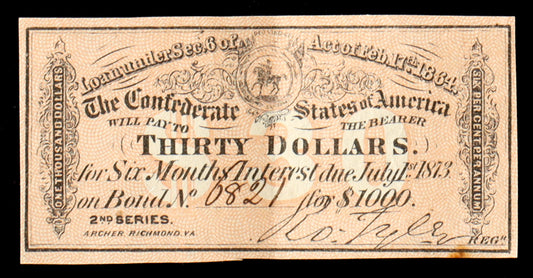 1864 $30 Thirty Dollars Confederate States of America Richmond CSA Bank Note Bond