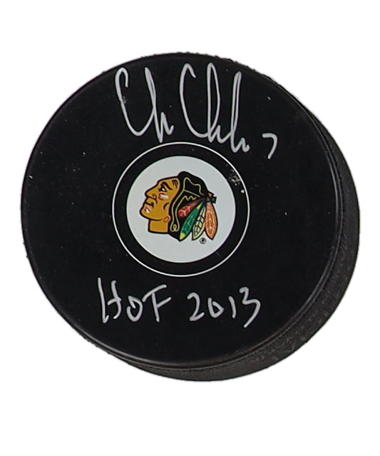 Chris Chelios Signed Blackhawks Logo Hockey Puck Inscribed "HOF 2013" - JSA Certified