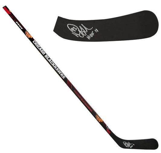 Doug Gilmour Signed Blackhawks Logo Hockey Stick Inscribed "HOF 11" - Schwartz Certified