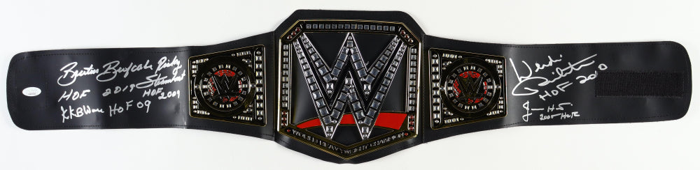 WWE Replica Heavyweight Championship Belt Signed By (5) with Wendi Richter, Ricky Steamboat, Jimmy Hart, Brutus Beefcake, and KoKo B. Ware with Hall of Fame Inscriptions - JSA Certified
